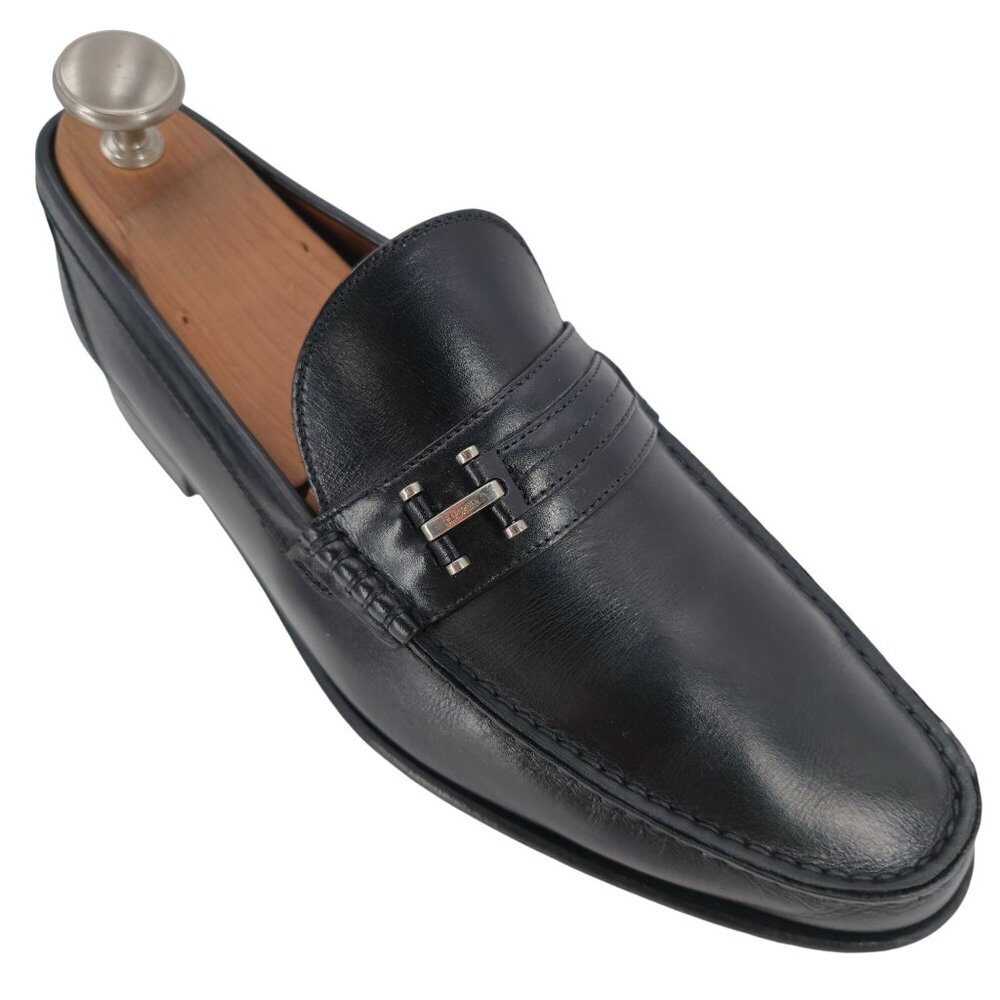 A. Testoni Mens Black Leather Bit Loafers Size 8.5 Italian Dress Shoes Classic V - Picture 1 of 12